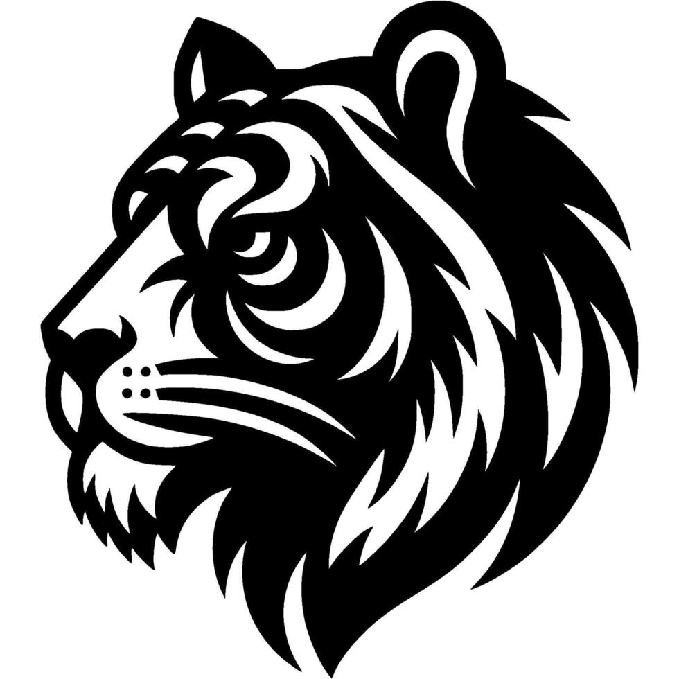 Tattoo of confident tiger side view head in monochrome. Wild tiger portrait. Engraving minimalistic in black ink drawing on white background vector
