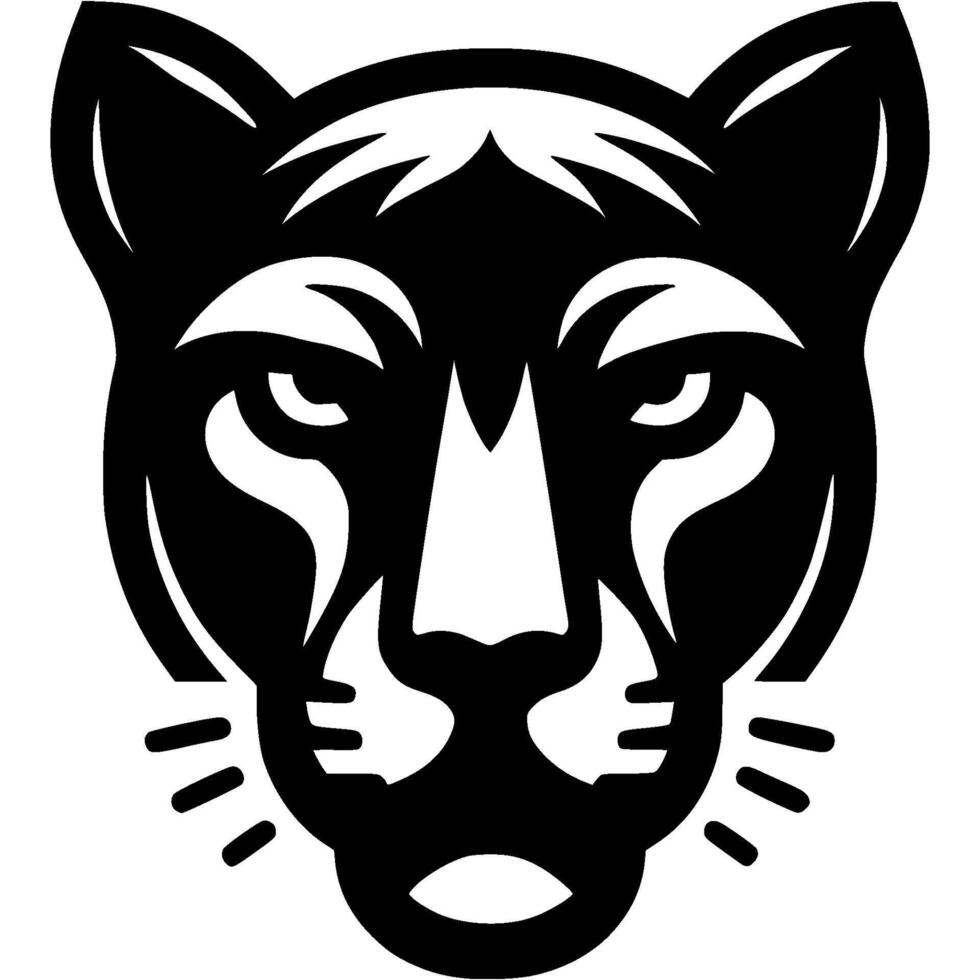 Tattoo of angry puma head in monochrome. Leopard front view. Engraving minimalistic in black ink drawing on white background vector
