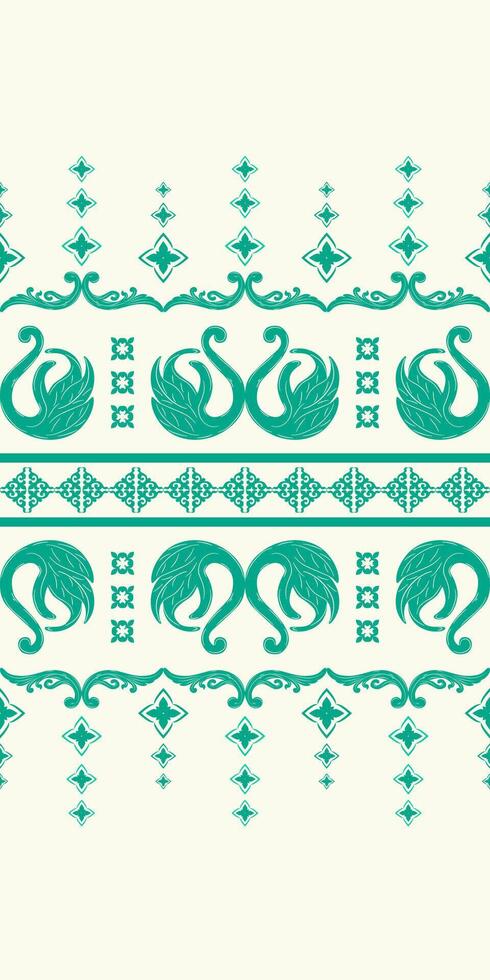 Fleur de lis Green Embroidery Motif Ethnic ikat Seamless Pattern, Textile illustration, print striped, ornament floral, Emerald on Cream Background Scroll work, carpet, saree, swan, hand draw. vector
