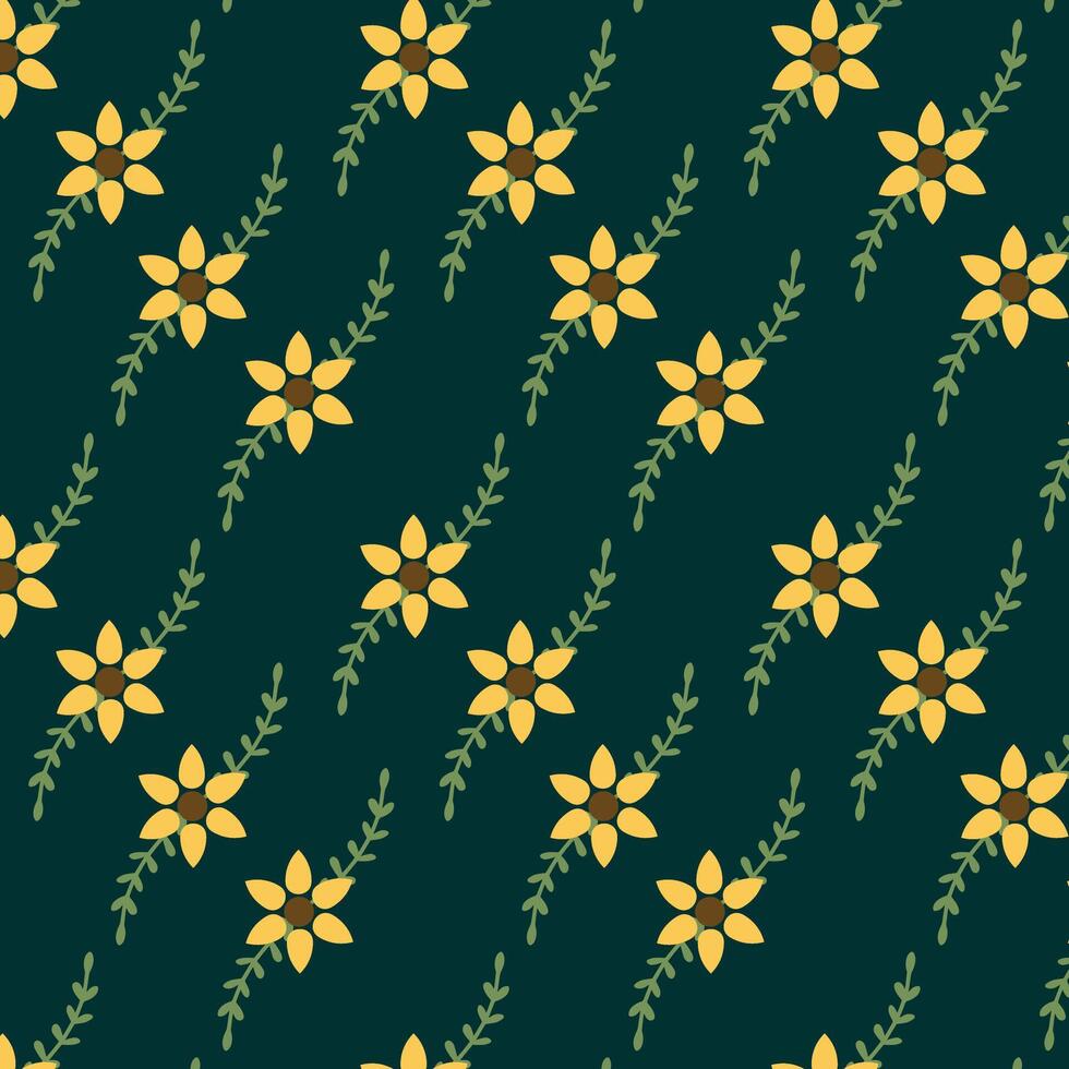 Seamless pattern with yellow flowers on dark green background. vector