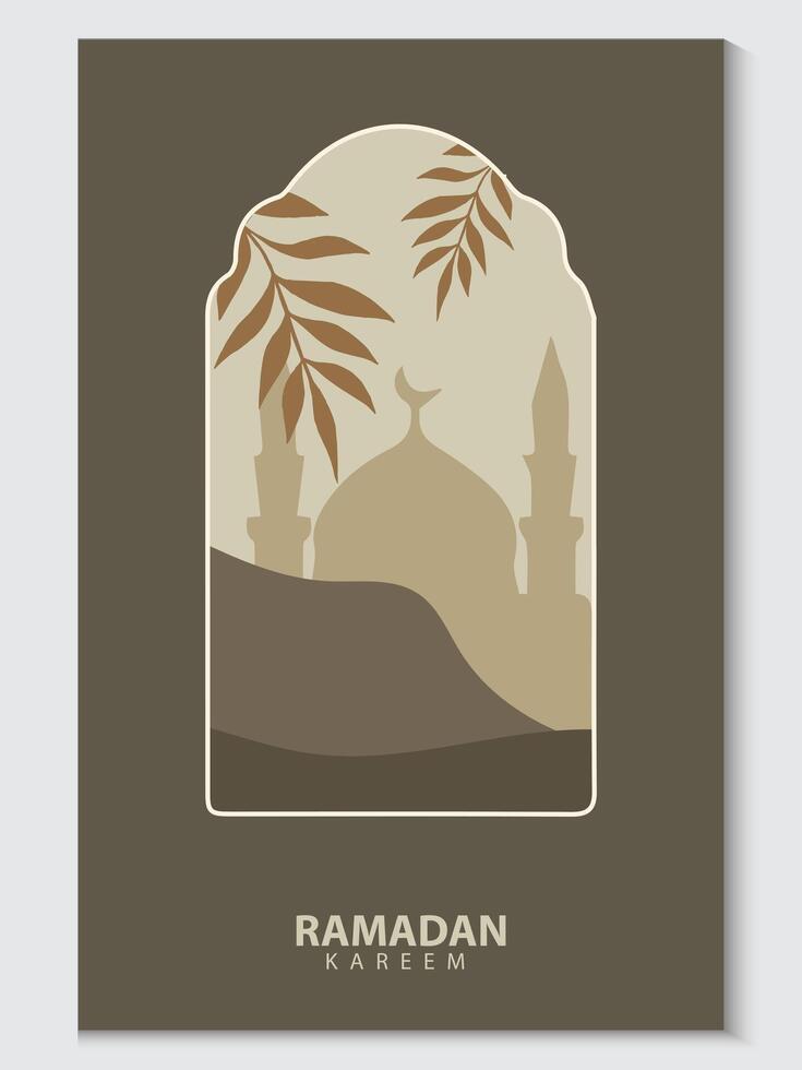 ramadan kareem greeting card with mosque and palm leaves vector