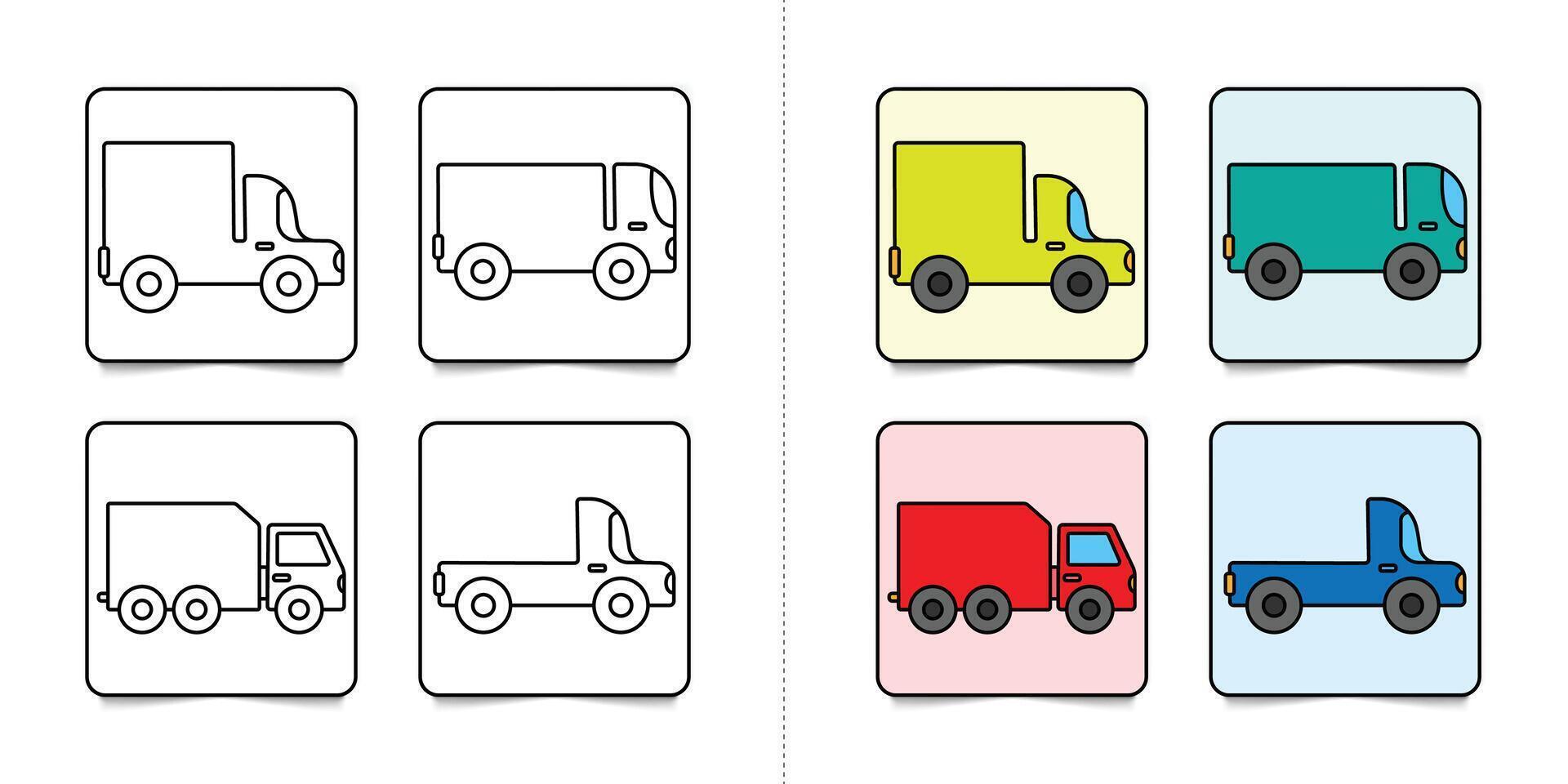 Toddlers trucks or vehicles, set of kindergarten kids coloring pages with flat colorful illustration for inspiring isolated on white background vector