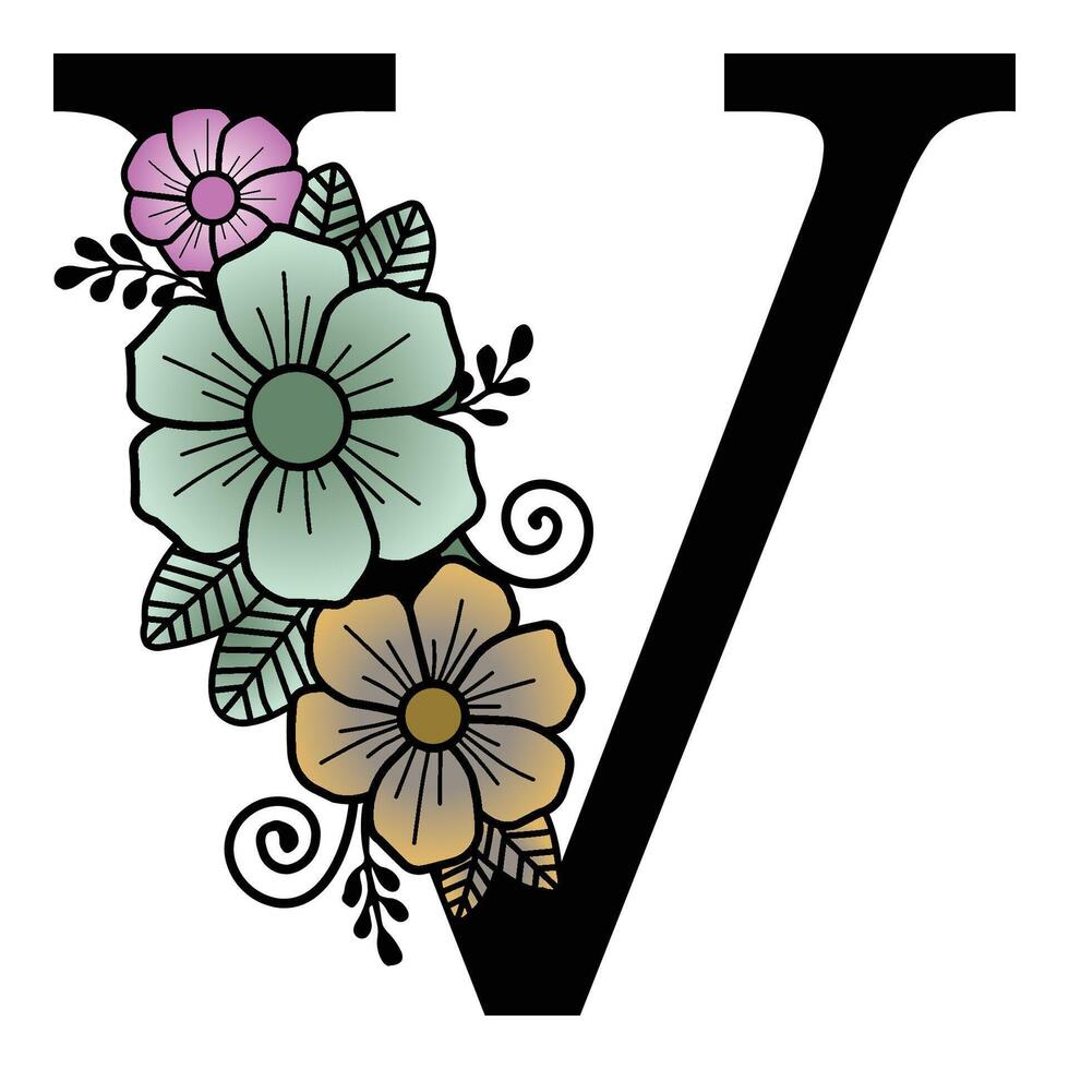 Luxurious floral alphabet V eps format illustration. vector