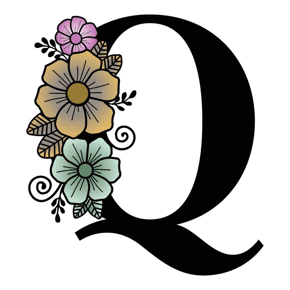 Luxurious floral alphabet Q eps format illustration. vector