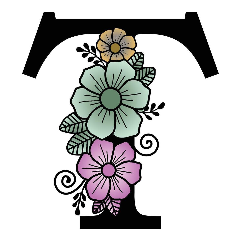 Luxurious floral alphabet T eps format illustration. vector