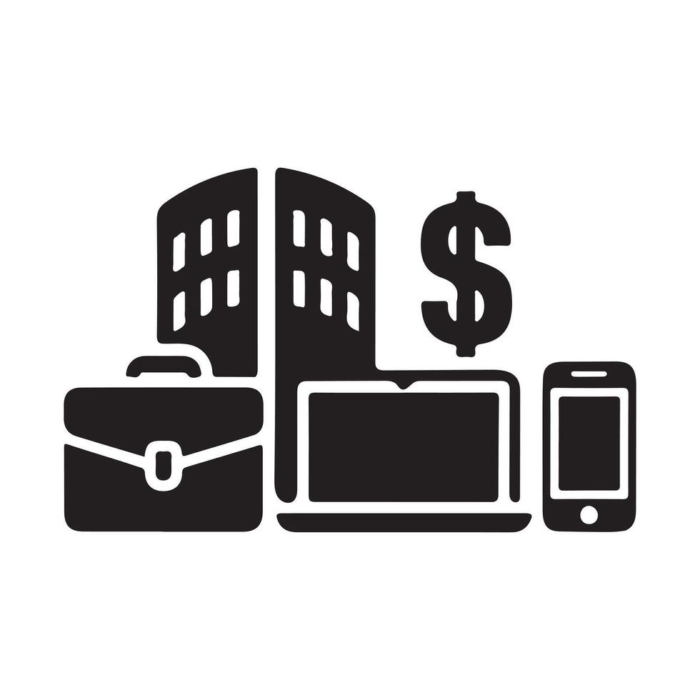 Business success, represented by office building, briefcase, laptop, and phone, symbolizing modern financial prosperity. vector