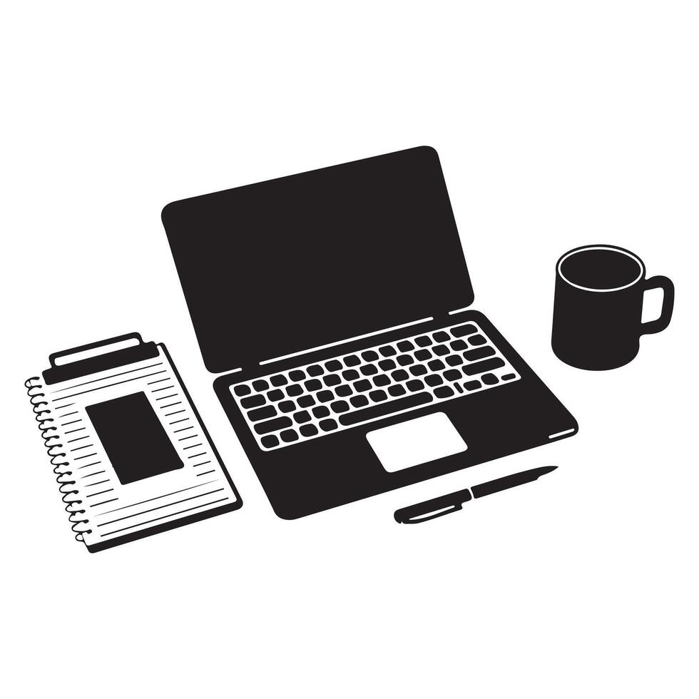 Simple Black and White Laptop, Notepad, Mug, and Pen Illustration vector