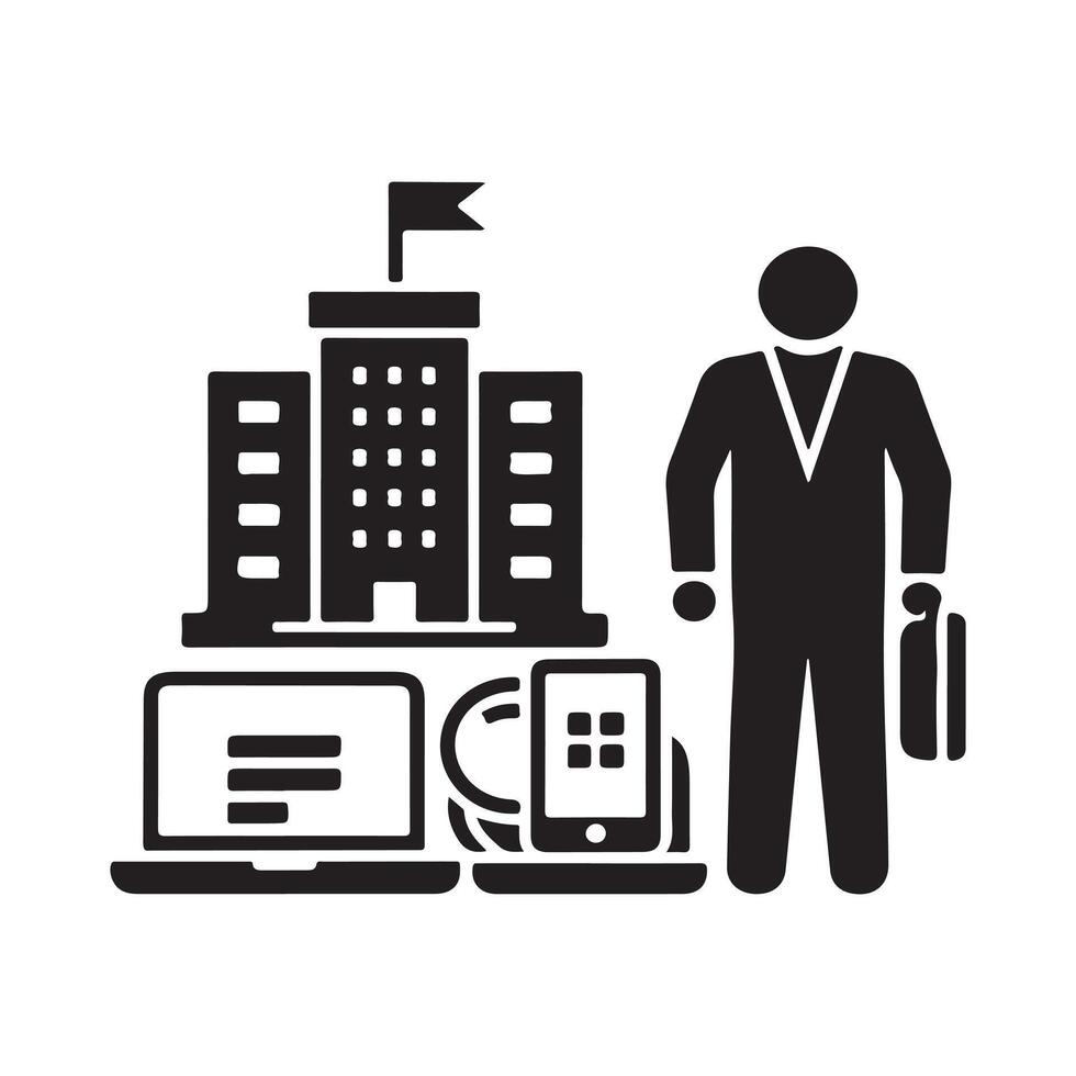 Businessman standing in front of office building and technology vector