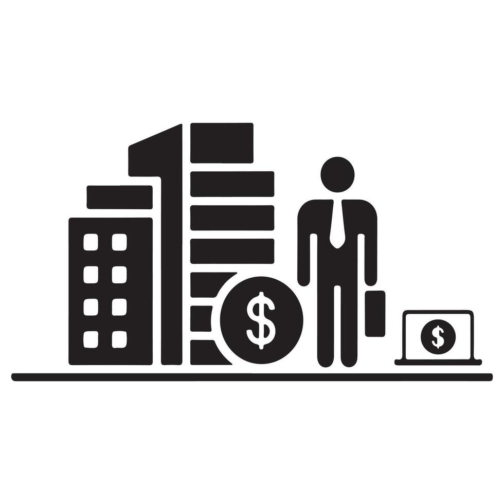 A Businessman Standing Before Skyscrapers and Financial Symbols vector