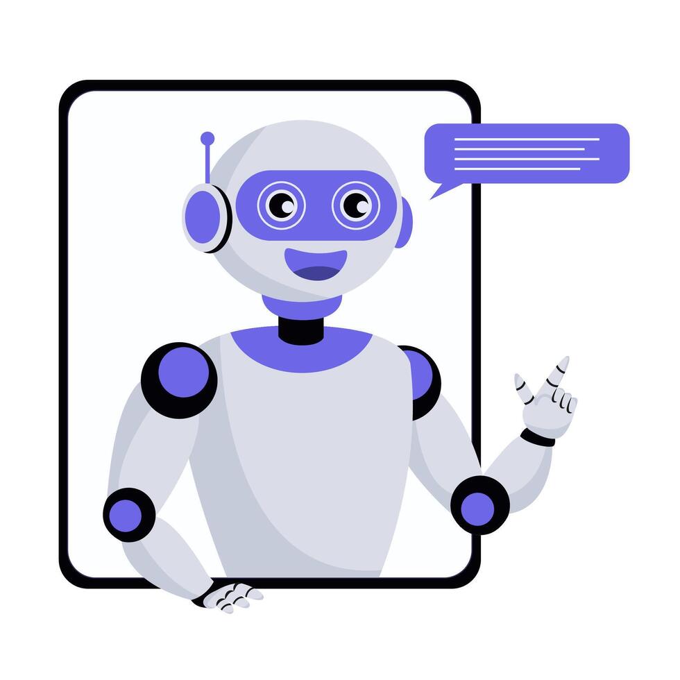 Chat Bot robot illustration with a speech bubble, appearing from a tablet, minimalistic style, on a white background, technology concept vector