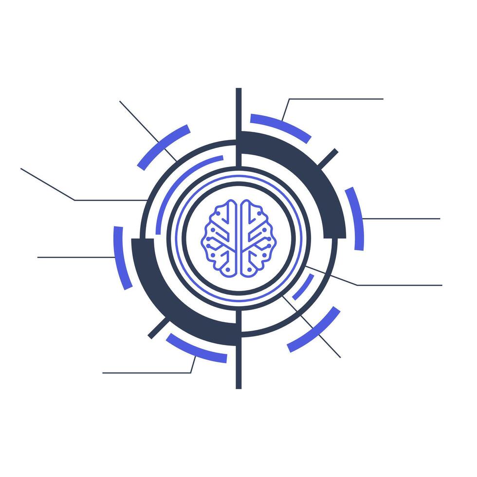 Abstract brain design within a circular tech interface, minimalist style, white background, artificial intelligence vector