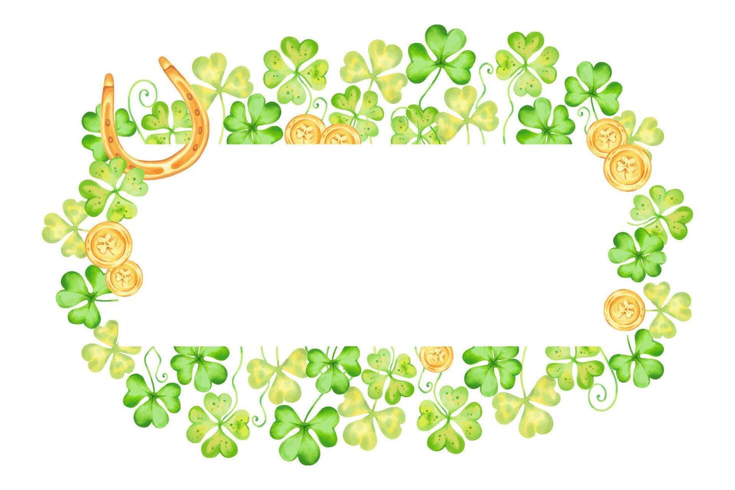 Horizontal frame with clover petals with gold horseshoe and coin and space for text for St. Patrick's Day. Illustration with watercolors. Hand drawn isolated art. Botanical border with wildflowers vector