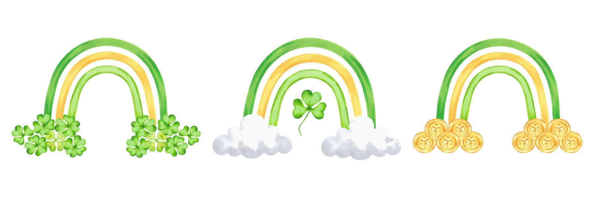 Collection of rainbows with clouds and shamrocks, gold coins for St. Patrick's Day. Illustration with watercolors. Yellow green pictures with clover. Isolated image for postcard, flyer, sticker vector