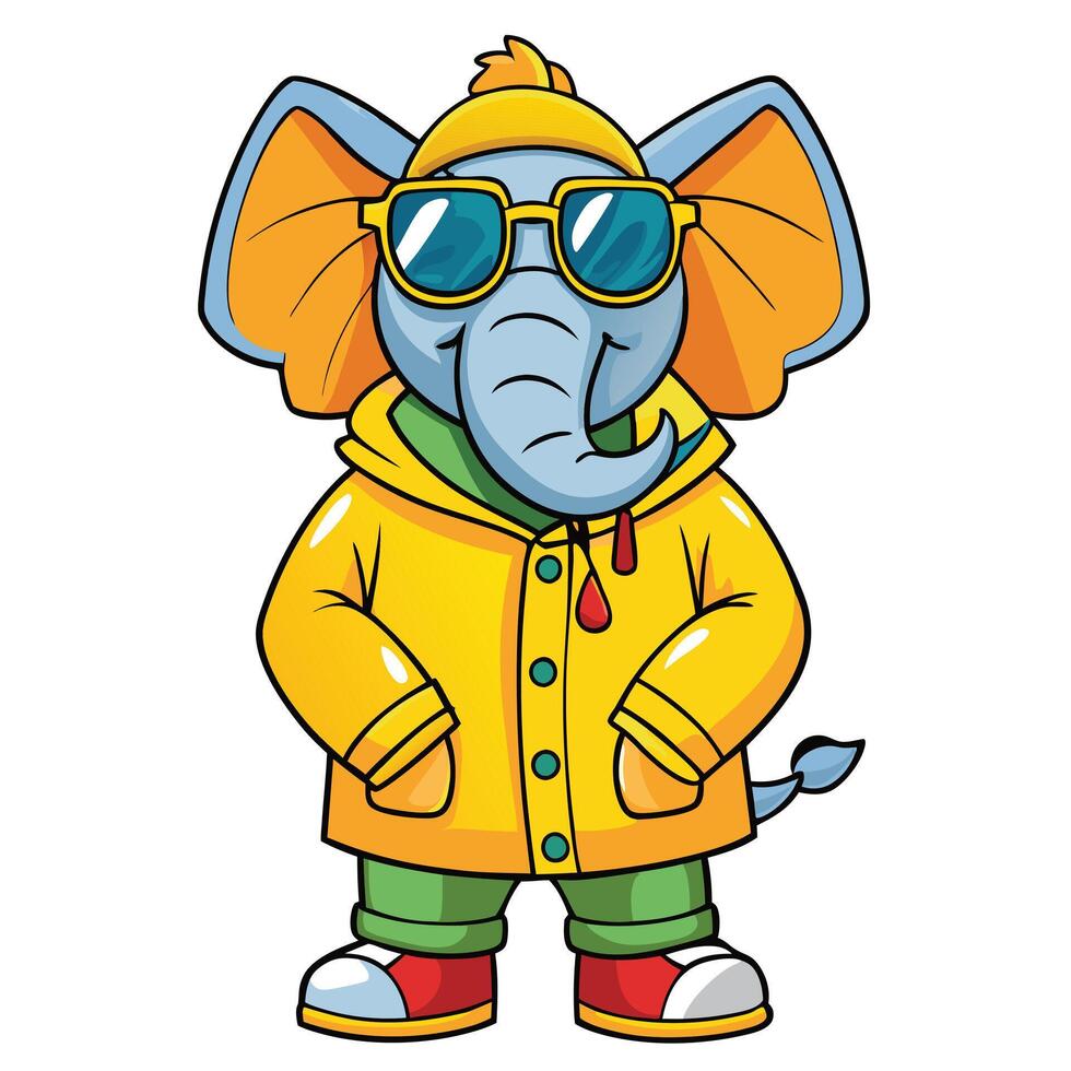 Elephant wearing a yellow raincoat and sunglass vector
