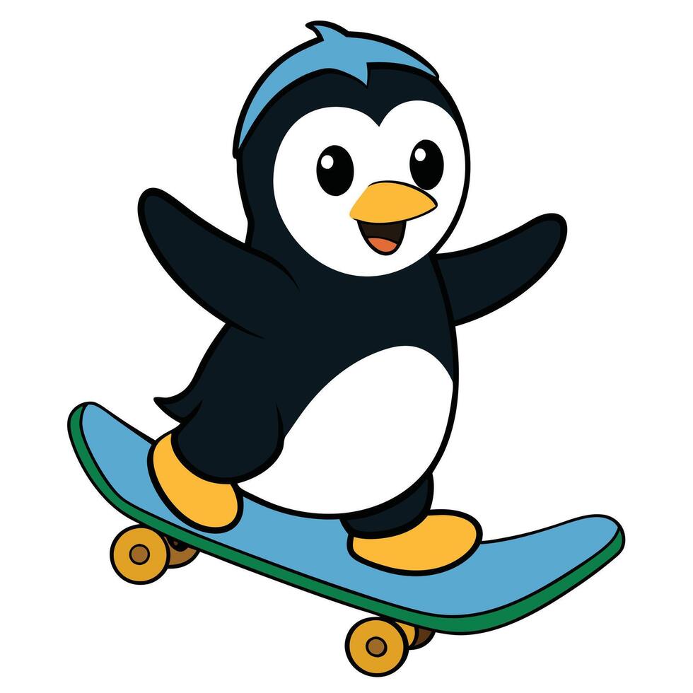 Cute penguin cartoon character skateboarding vector