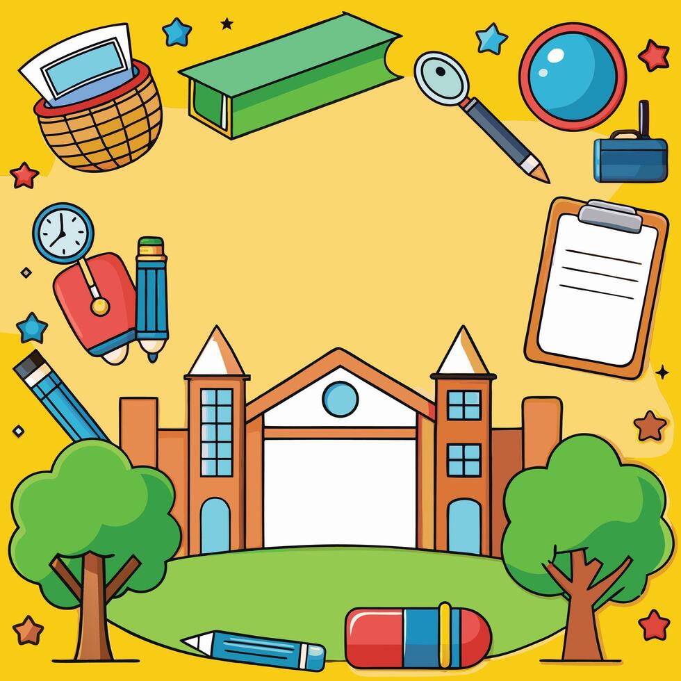Realistic back to school round composition with bitten apple colorful pencils maple leaves book marker pen soccer ball alarm clock rulers isolated vector