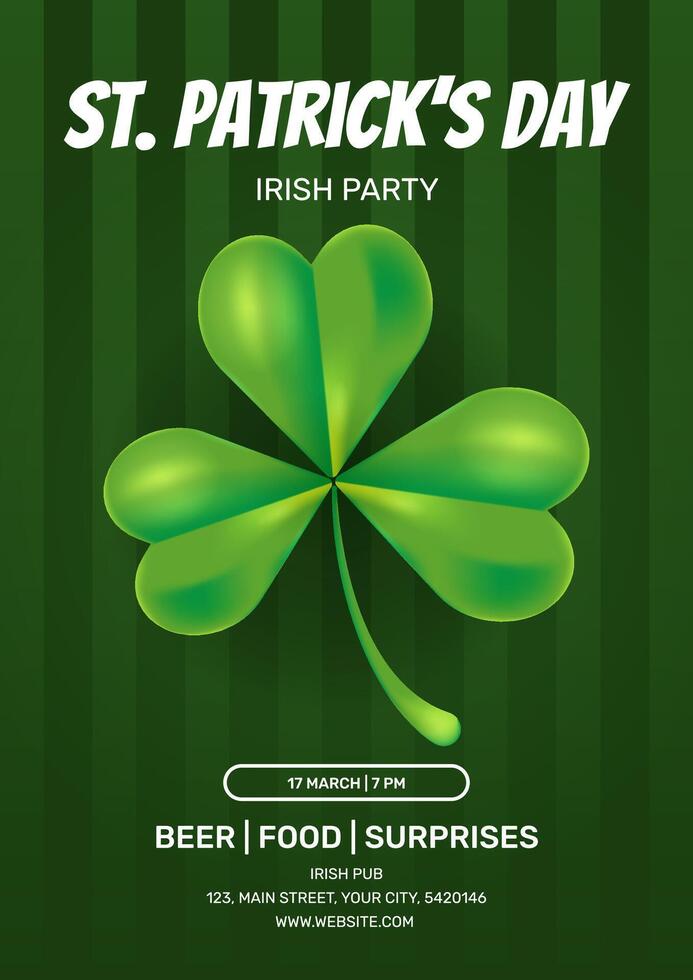 Happy St. Patricks Day party poster, flyer, brochure, invitation to holiday, corporate celebrate. Green shamrock on dark green background. illustration vector