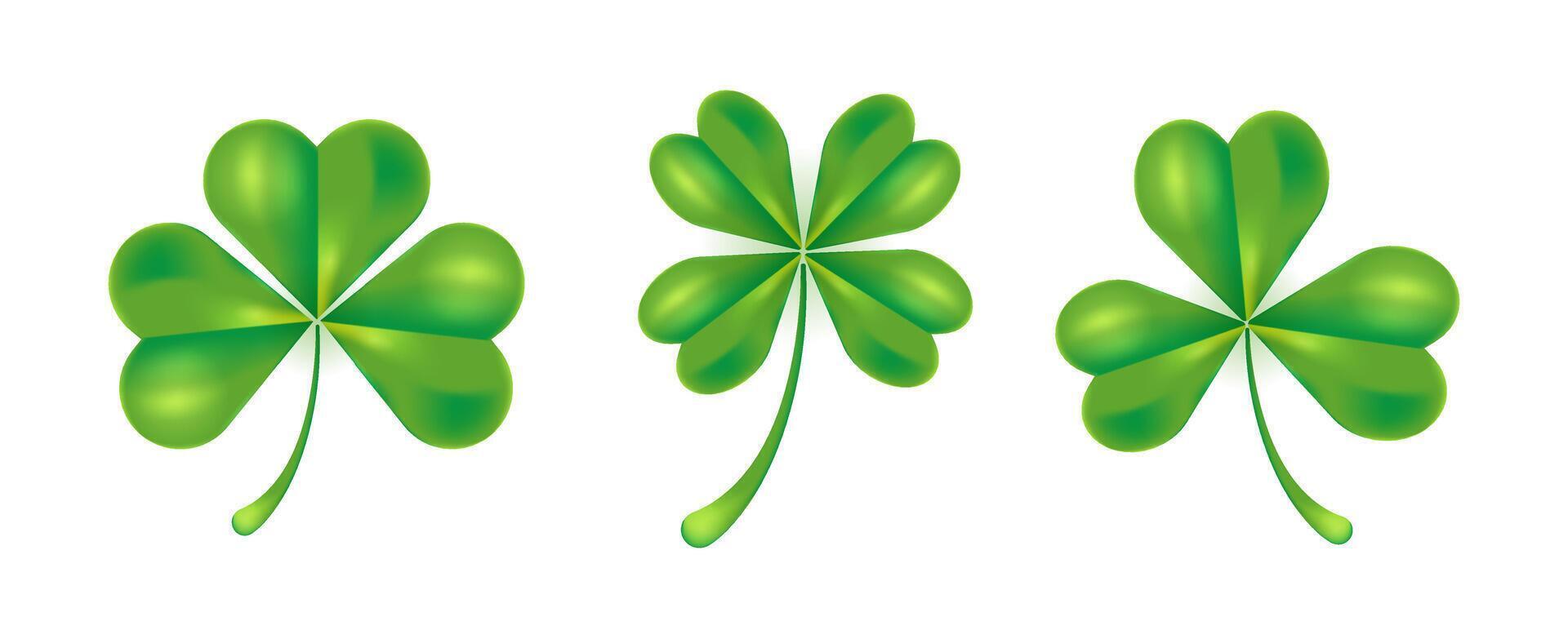 Lucky clover leaf set in realistic style. Green single shamrock and quatrefoil in cartoon style. illustration isolated in white background vector