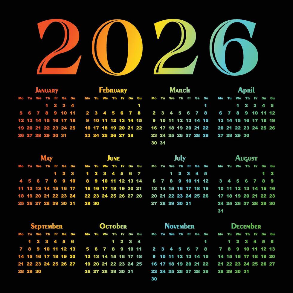A color calendar template for a year 2026. vector