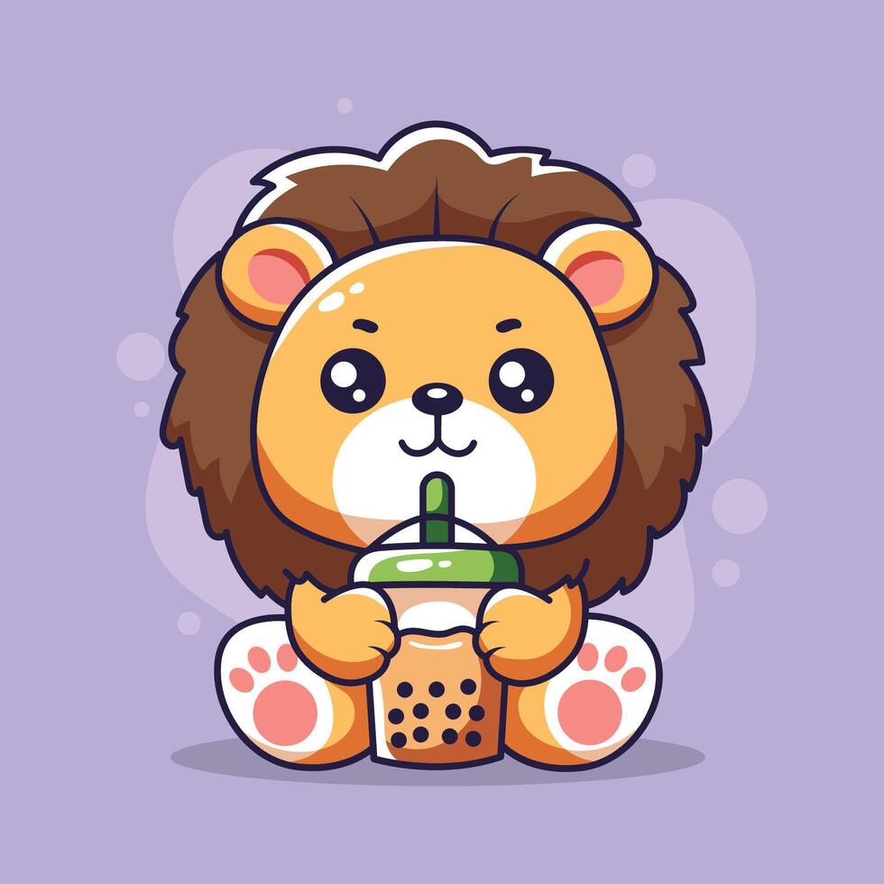 Cute cartoon lion drink of boba. illustration. vector