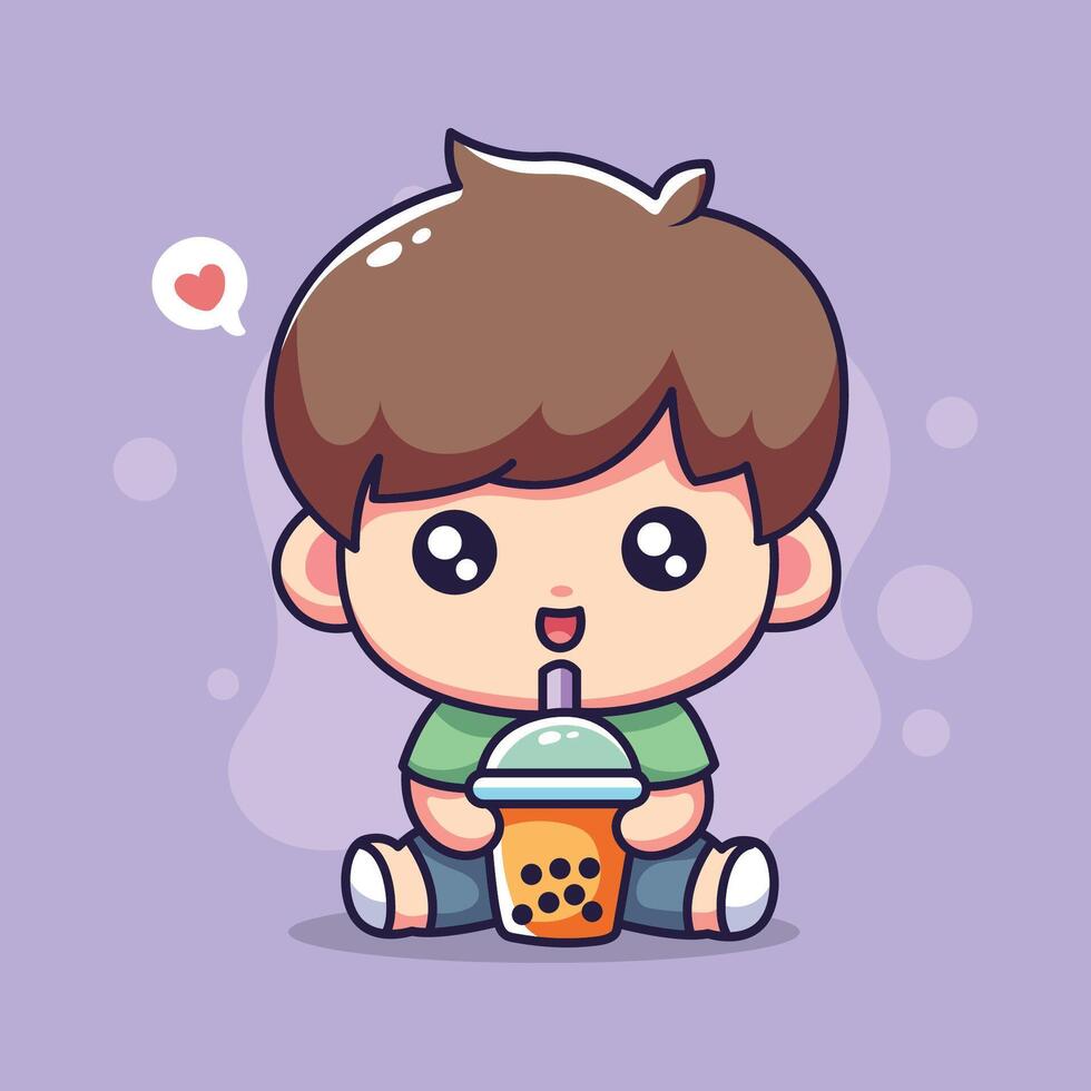 Cute boy drinking boba. flat cartoon character illustration. vector