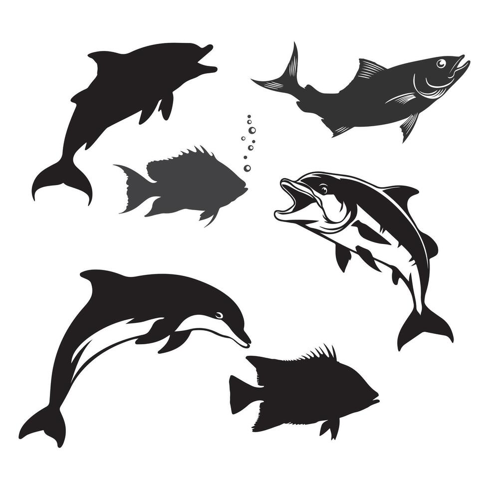 Elegant silhouettes of dolphins and sea fish, displayed on a pure white background, capturing the essence of oceanic harmony. vector