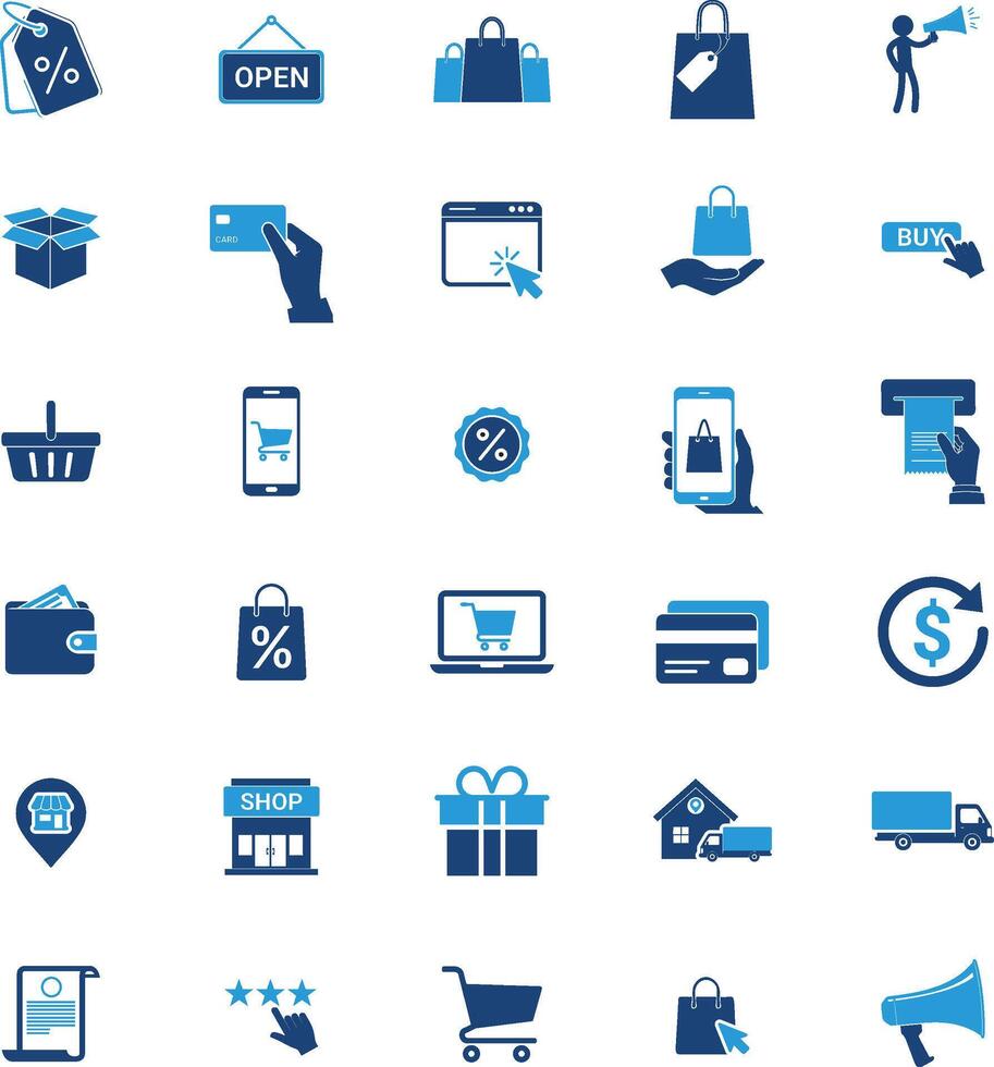 E-commerce Shopping Online Retail Buy, Sell, Shop, Carts, Payments, Discounts, and Delivery Symbols, Icons Set vector