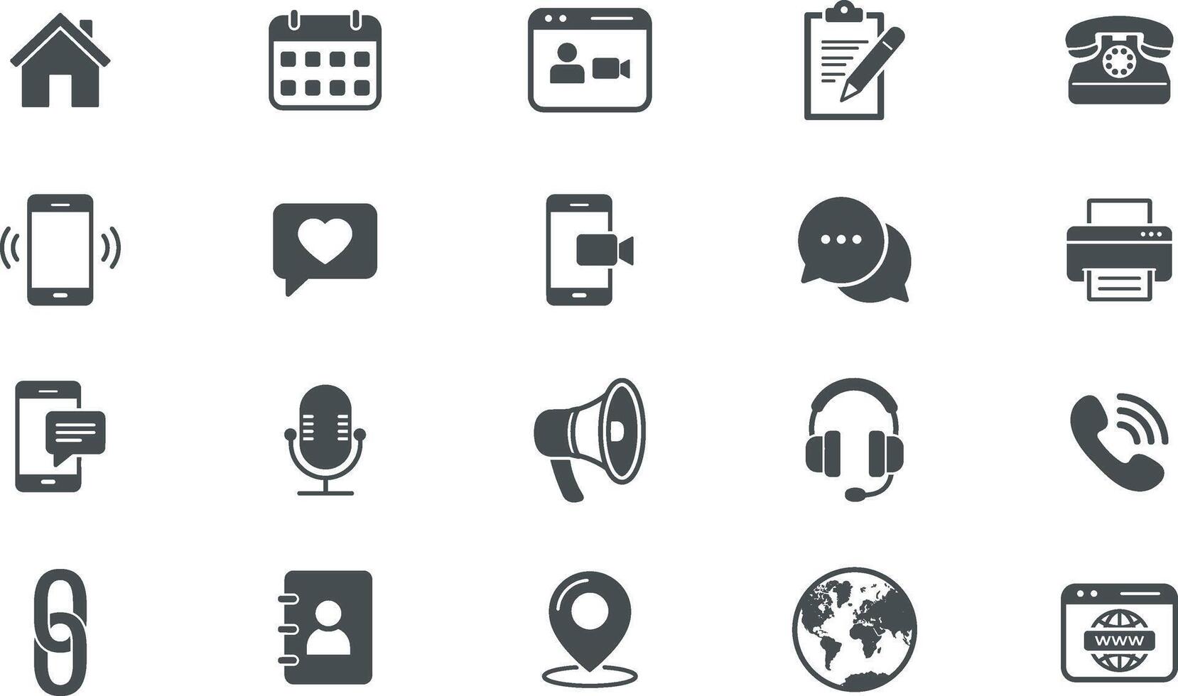 A Set of Communication, Website, Phone, Messaging, Location, and More Symbols, icons vector