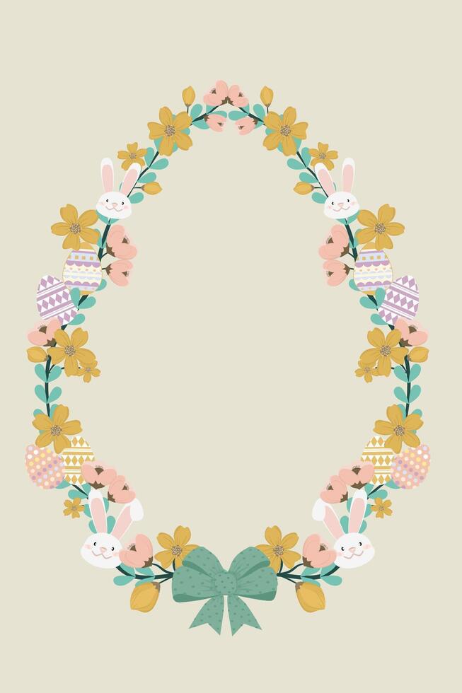 Happy Easter flowers wreath with eggs and bunnies vector
