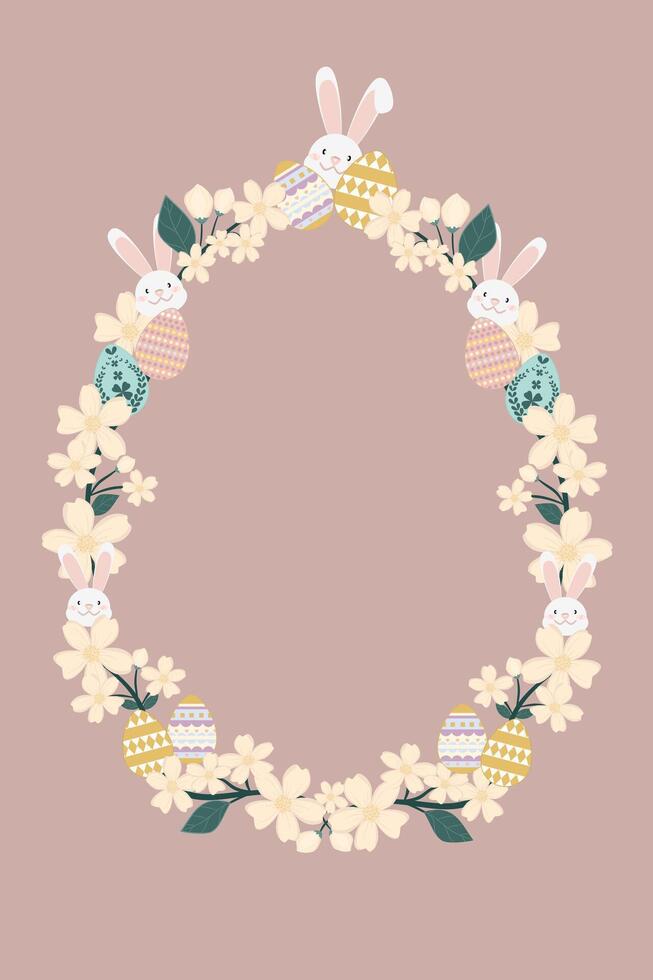 A pattern of Easter wreath with rabbits and easter eggs vector