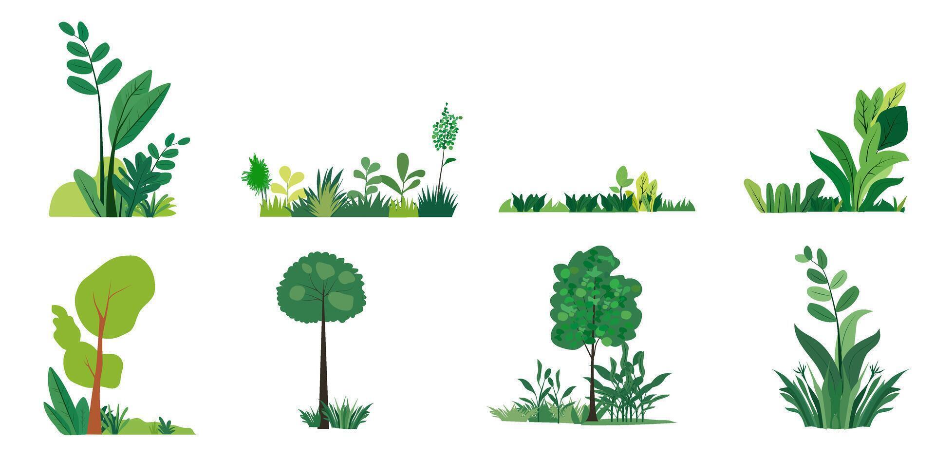 set of vibrant nature scene featuring grass, flowers, and trees with a green, eco-friendly design vector