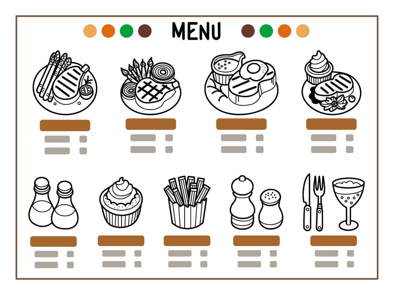 Outline restaurant menu design, black and white steak and beverage menu illustration, cute doodle line art food icon collection. vector