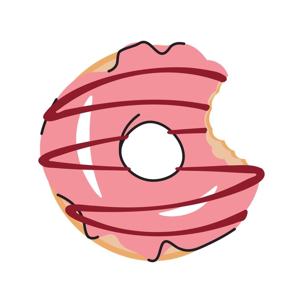 Sweet Sweet bitten donut donut, doughnut ring with strawberry icing. Flat cartoon illustration isolated on white background vector