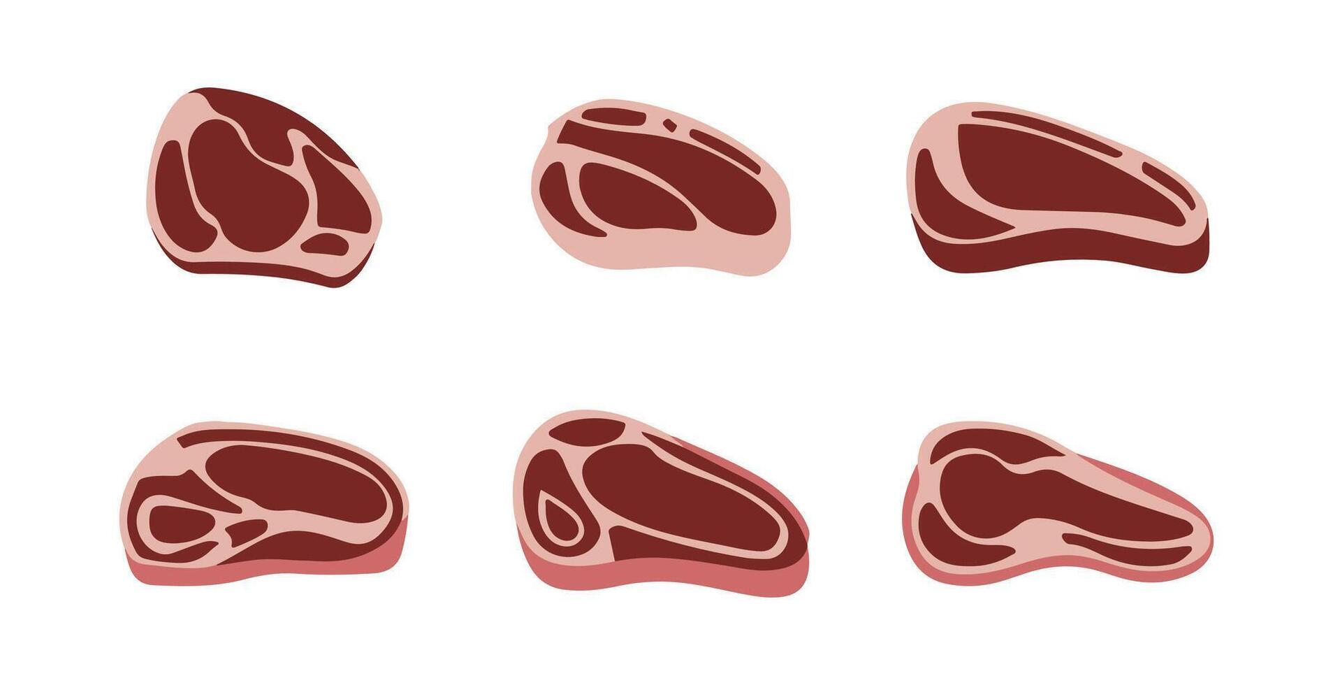 Cartoon raw meat steak, fresh burger patty beef steaks, raw meat semi inished products flat illustration set. vector