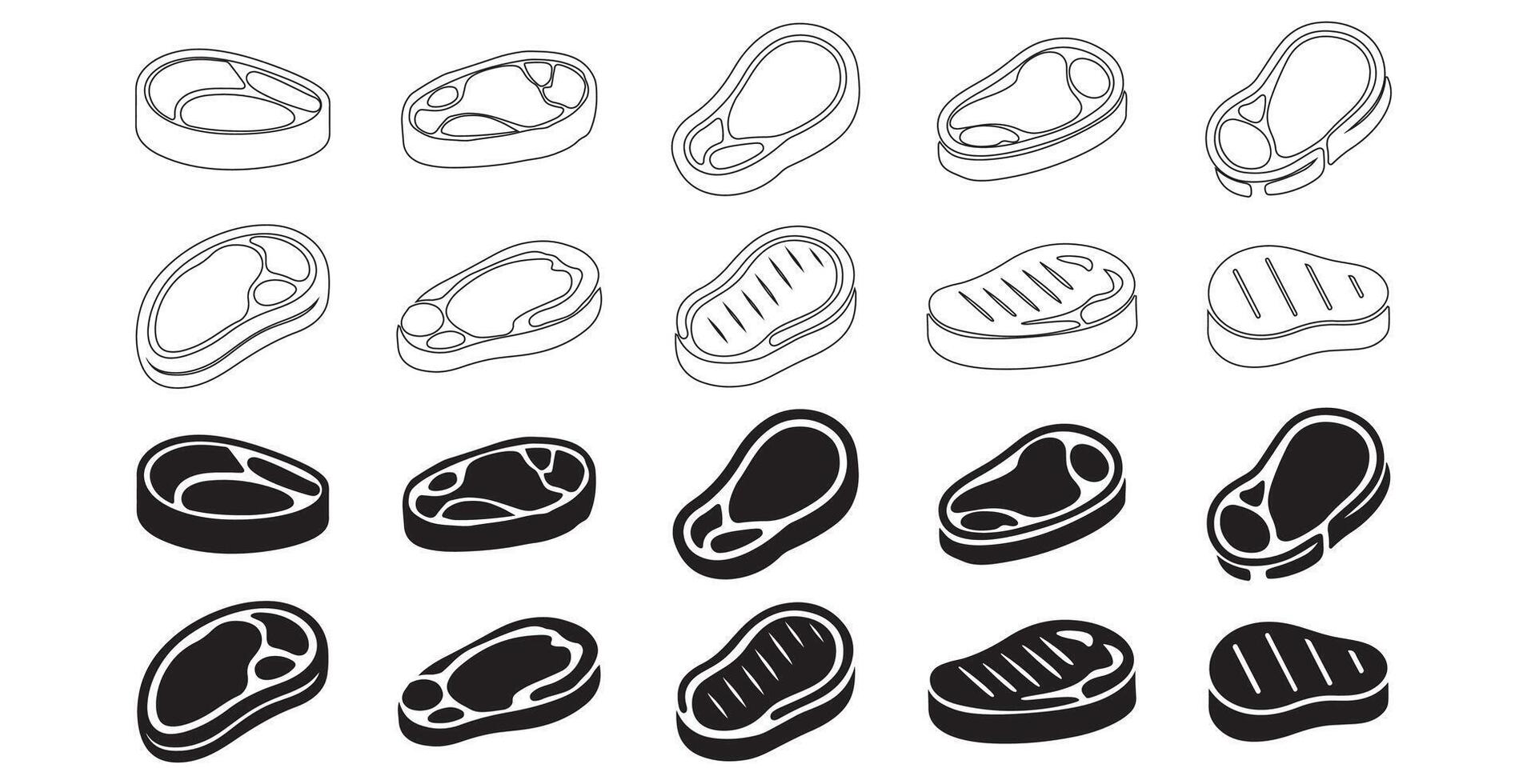 Steak silhoette and outline Icons Set. vector