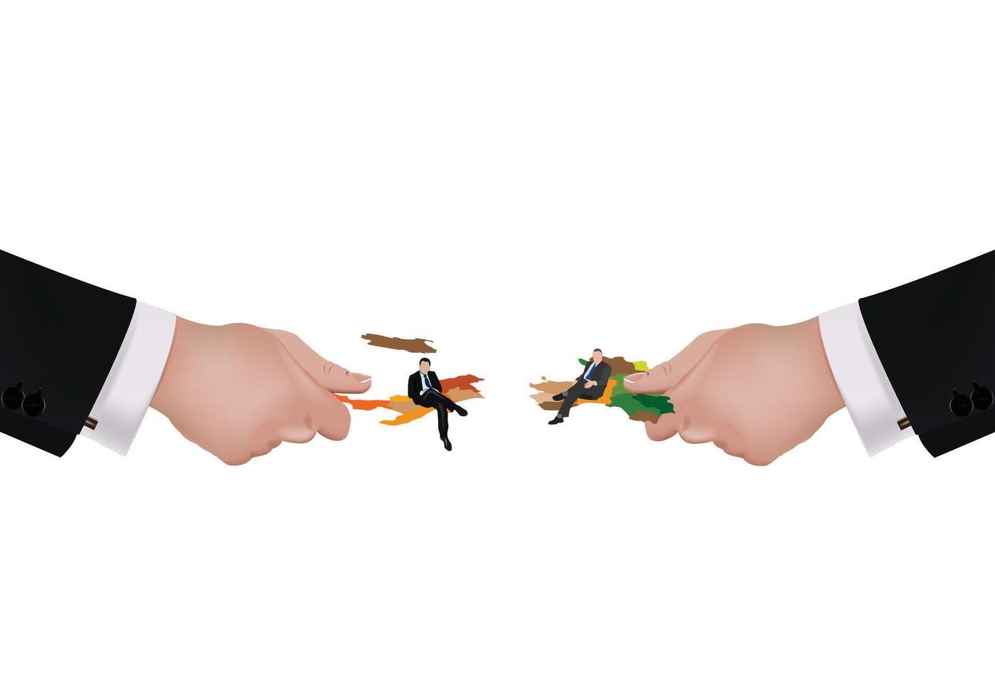 Two businessmen sitting on abstract pieces of land held by giant hands vector