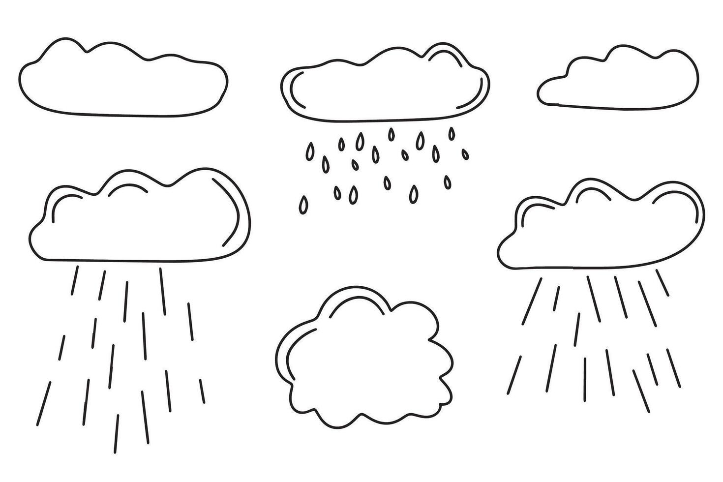 Weather illustrations collection. Hand drawn clouds with precipitation. Rain, shower icons. Clouds and precipitation in doodle style. vector