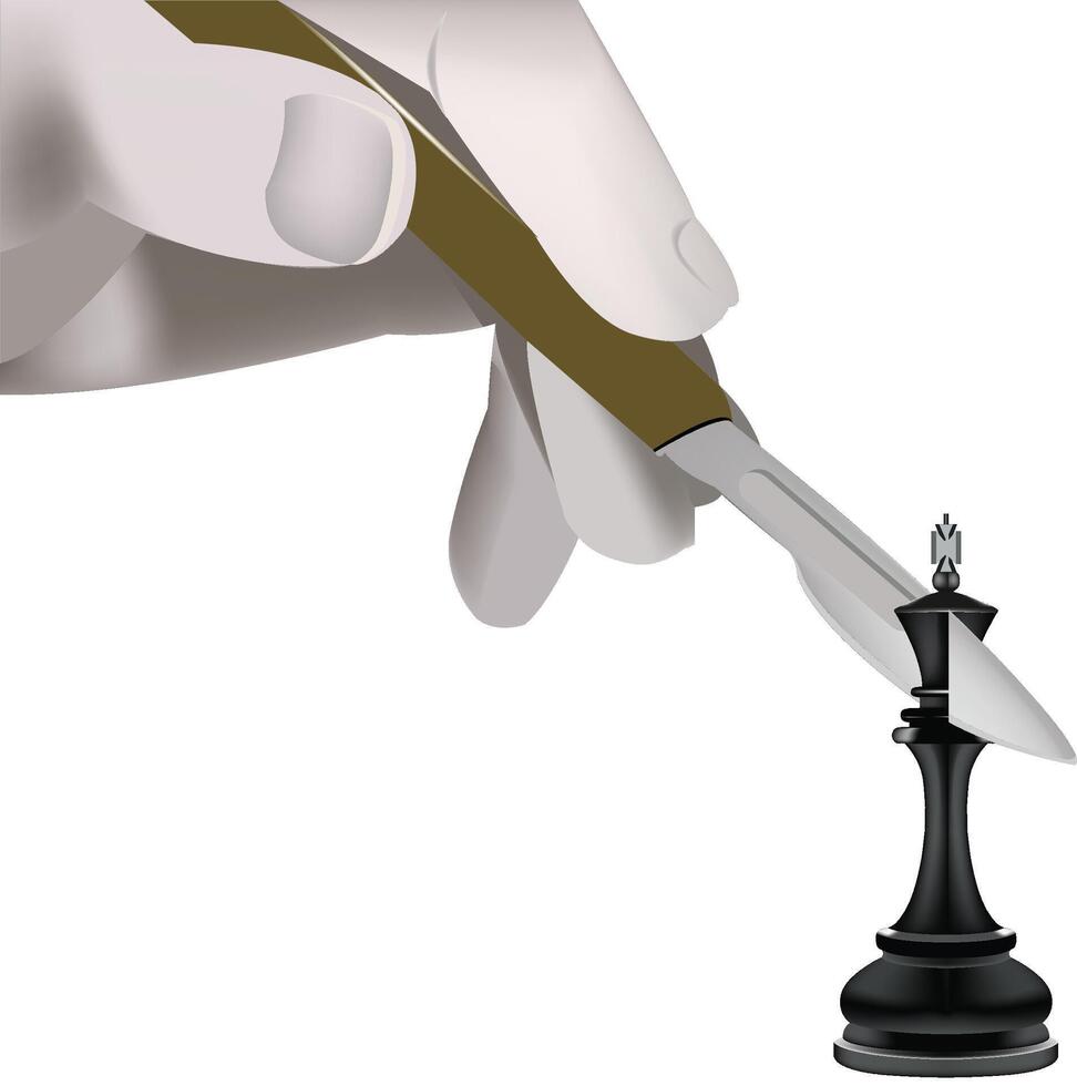 Hand holding scalpel cutting black chess king vector