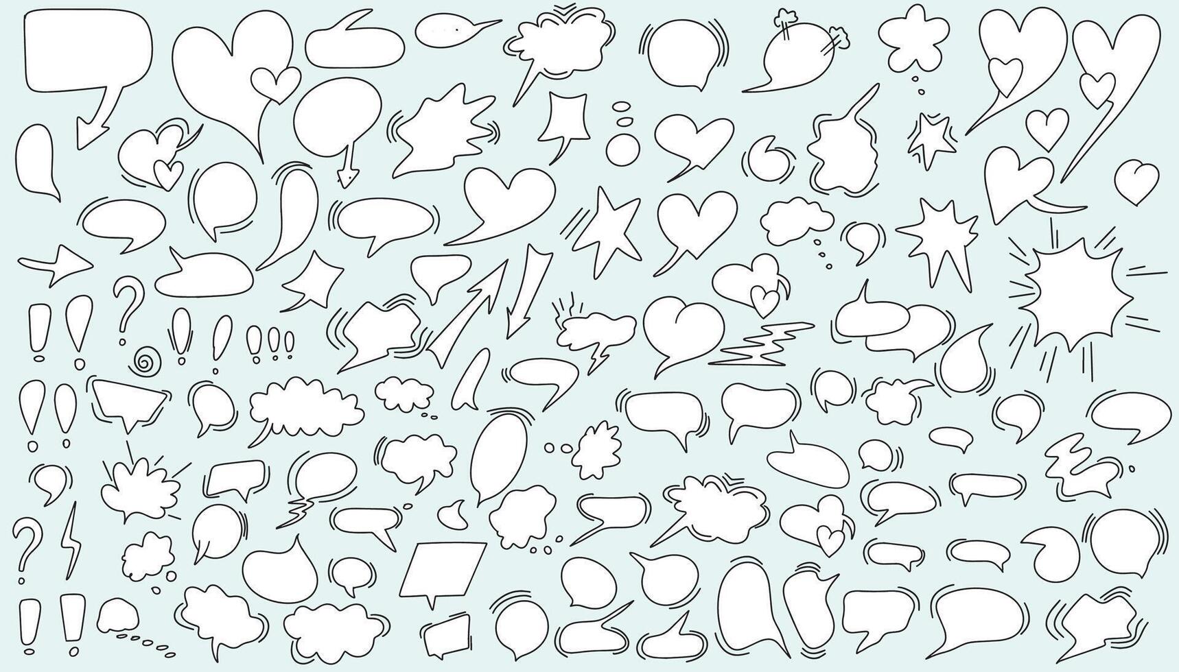 Huge set of dialog boxes, different options are hand drawn. Collection of speech bubbles for conversation, dialogue, doodle style design on blue background. vector