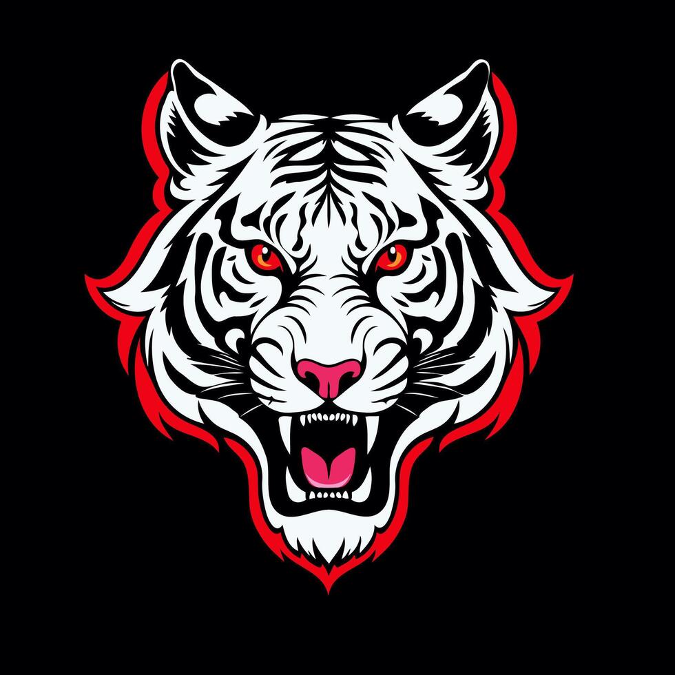 Mascot logo of Snarling white tiger head with red flames around, suitable for designs needing fierce and powerful animal imagery. vector