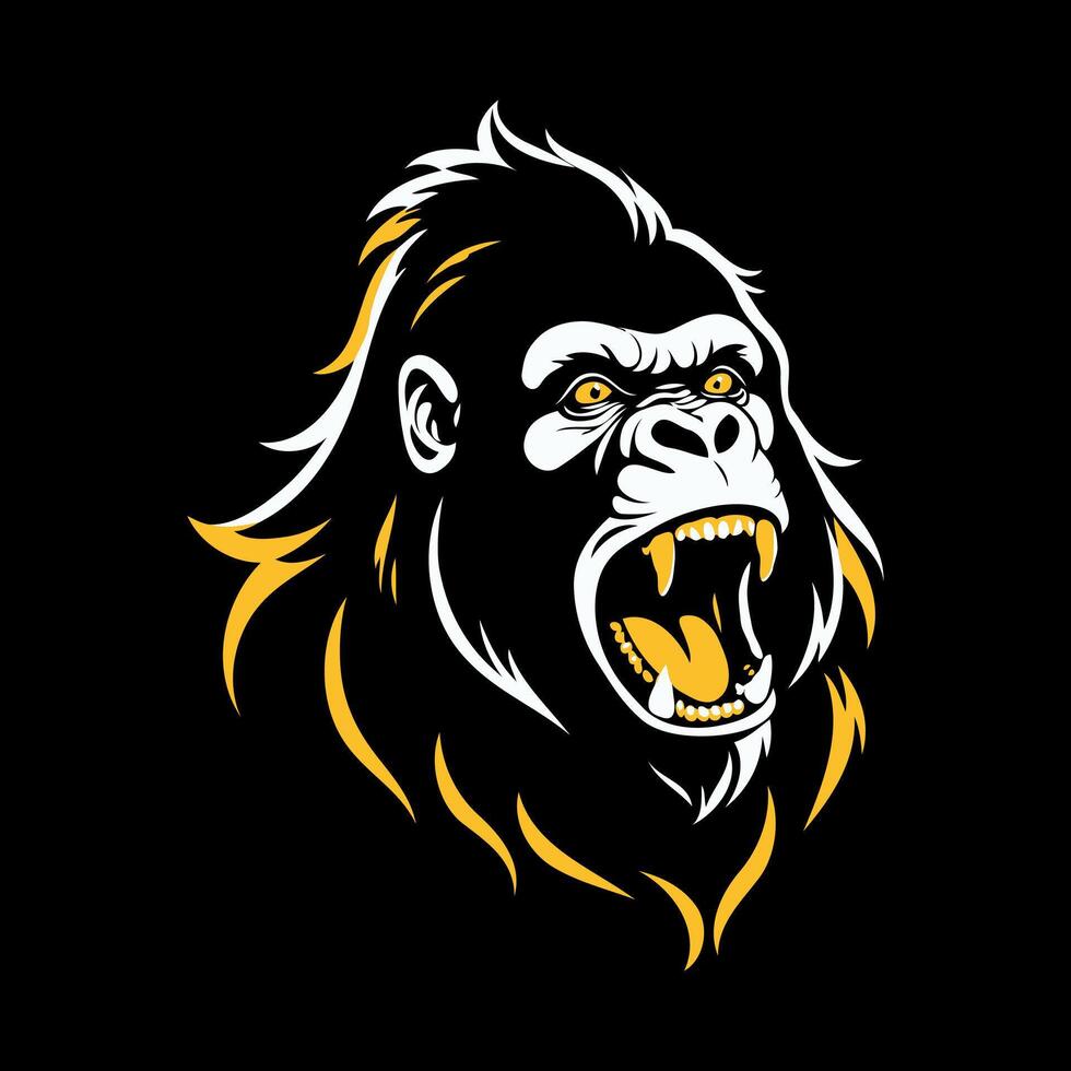 Snarling gorilla head design logo illustration. suitable for logos, apparel, and wildlife themed graphics. isolated in black background vector