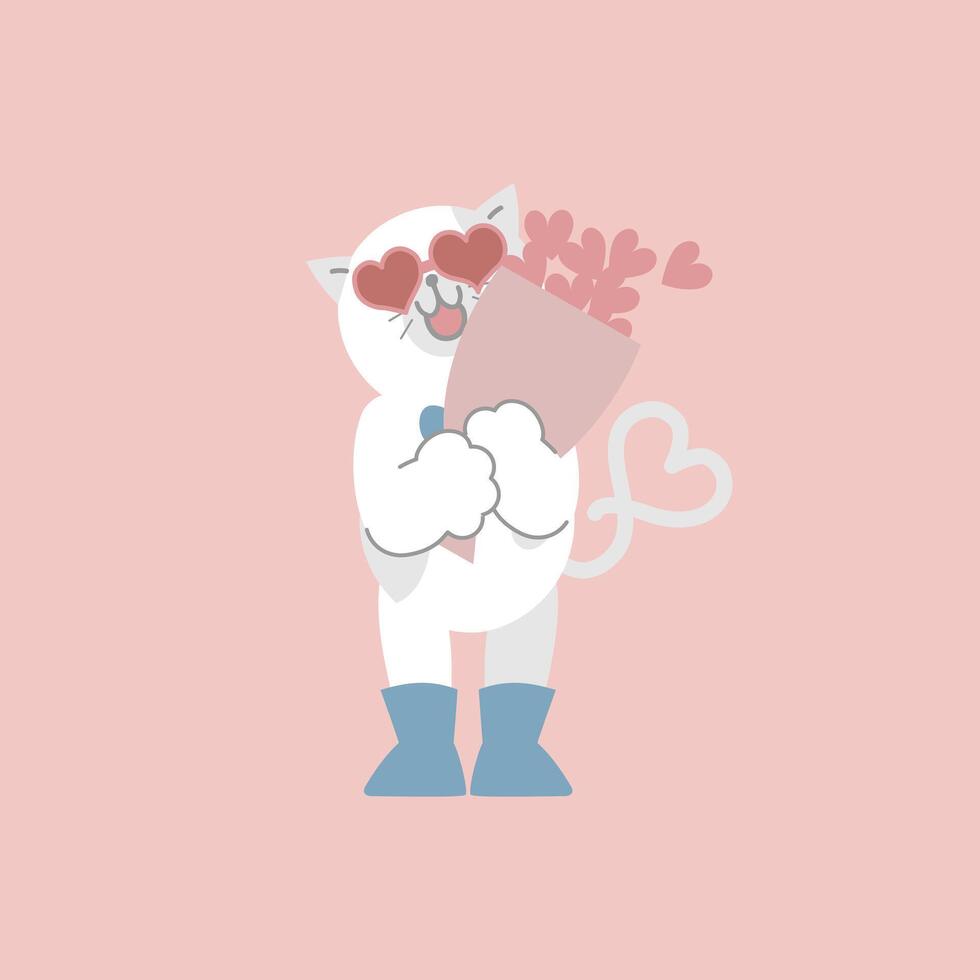 cute and lovely cat wearing heart sunglasses holding heart flower bouquet, happy valentine's day, love concept vector