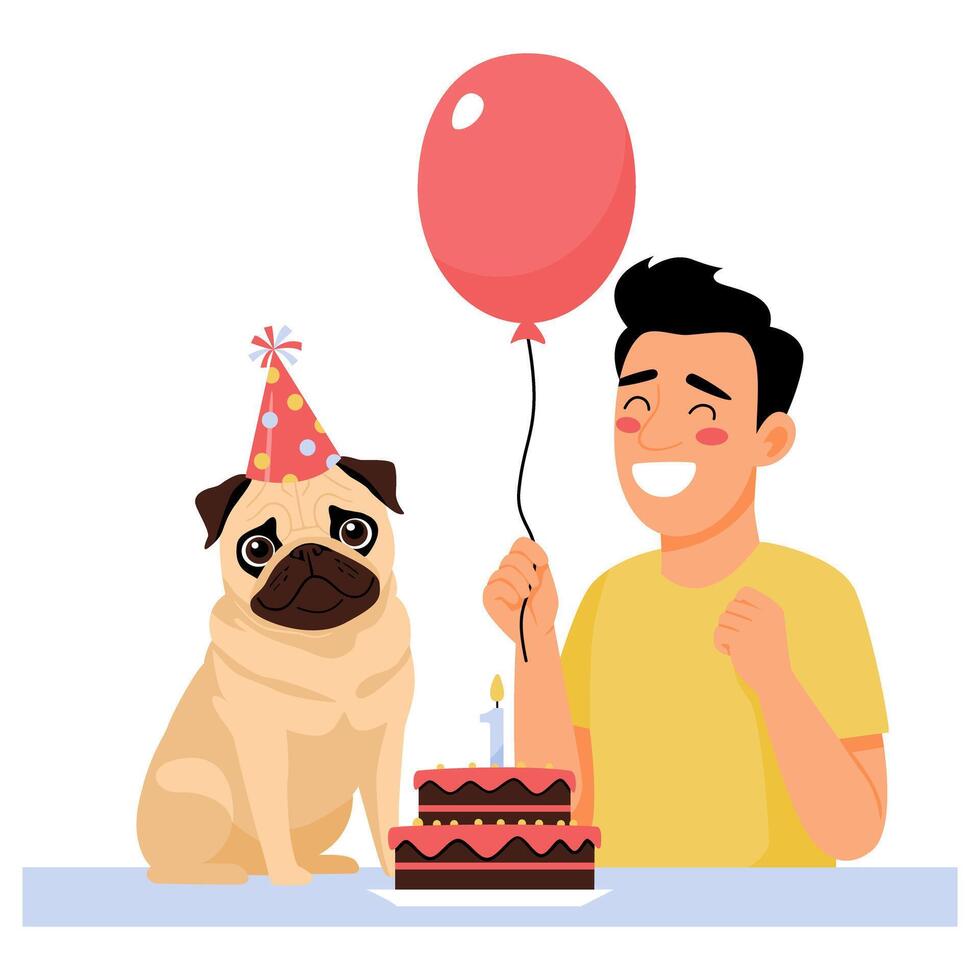 happy birthday pug dog with birthday cake and balloons vector