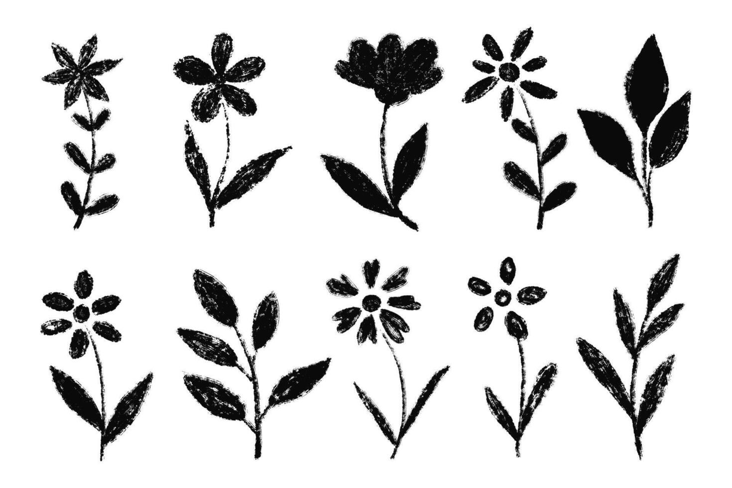 Grunge textured flowers and leaves set. Doodle flowers hand drawn with crayon, chalk and markers texture. Flowers textured modern icons vector