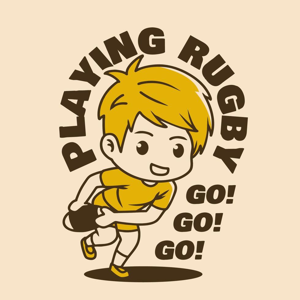 Boy rugby player holding a rugby ball in running pose, chibi character, good for sticker print vector