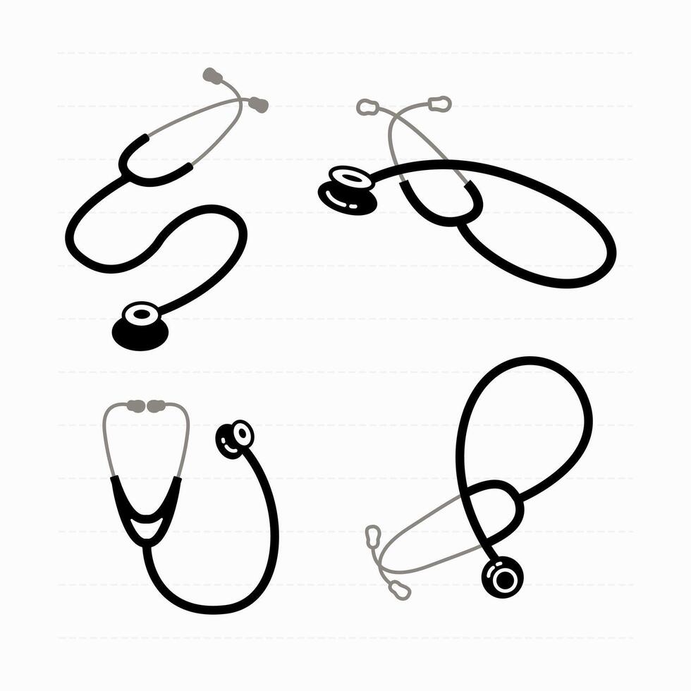 Filled and outlined stethoscope illustrations in various positions vector