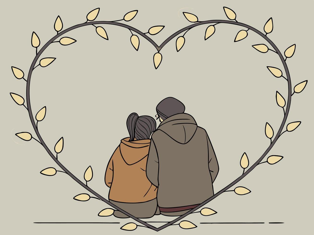 A border made of intertwined fairy lights in the shape of a heart, softly glowing against a neutral gradient background. Ample room for a message in the center. vector