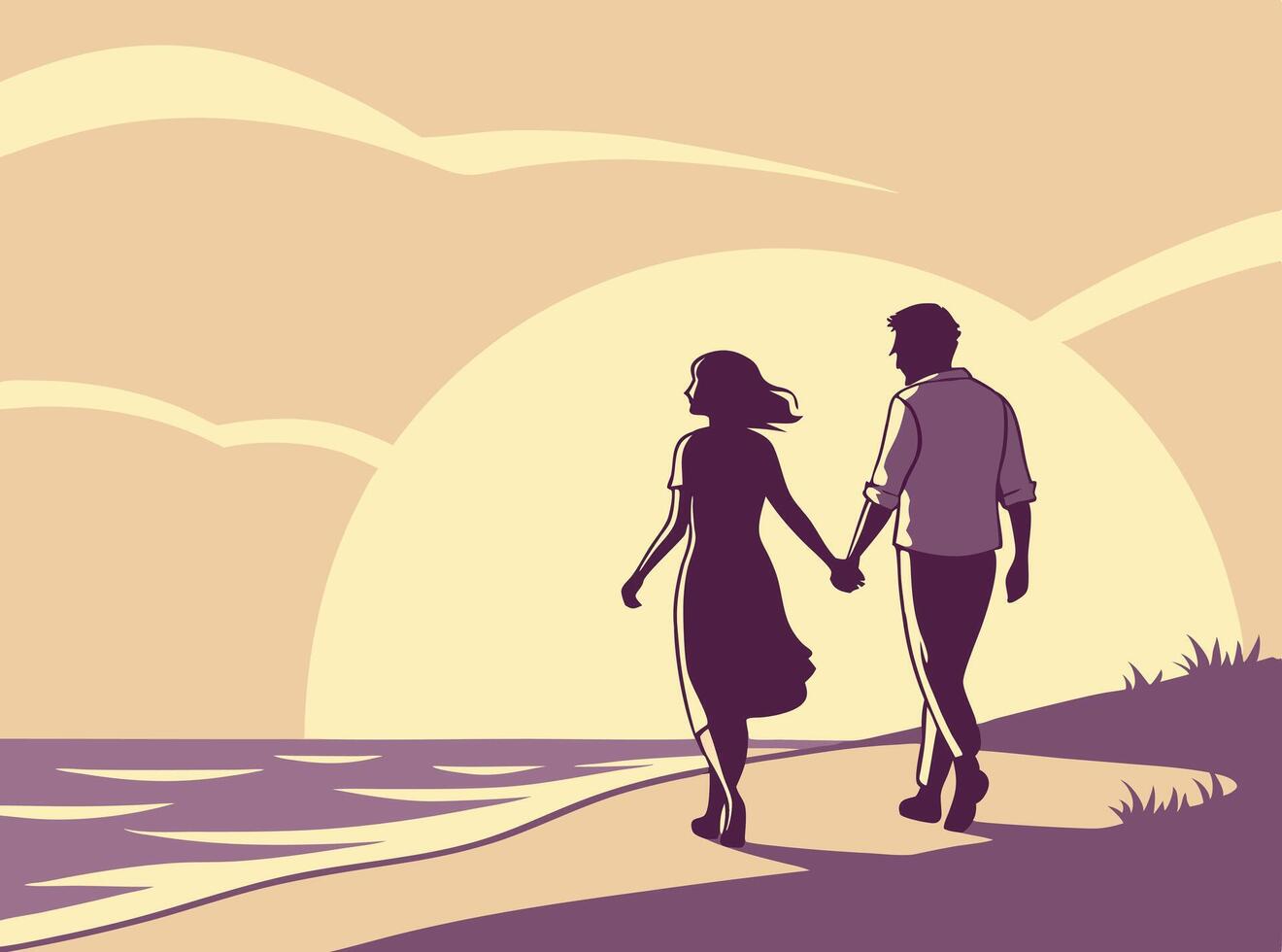 The warm hues of sunset frame two figures strolling along the shoreline. vector