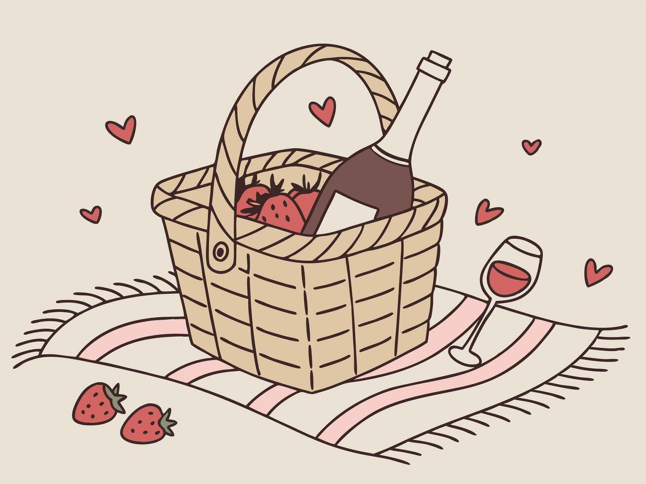 A romantic setting with wine, cheese, and strawberries is bathed in soft illumination. vector