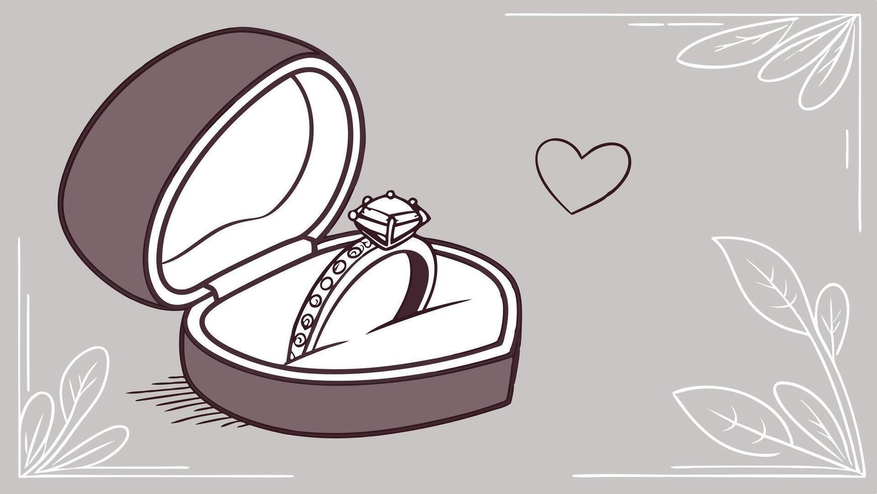 A heart-shaped jewelry box is opened slightly, revealing a sparkling ring inside. vector